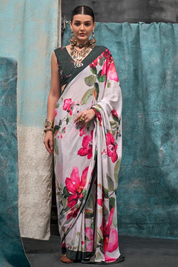 Graceful Off White Printed Crepe Saree for Casual Wear