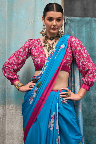 Soothing Cyan Printed Crepe Saree for Effortless Casual Wear