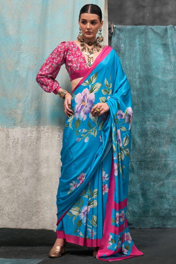 Soothing Cyan Printed Crepe Saree for Effortless Casual Wear