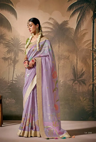 Lavender Silk Saree with Zari Floral Work for Party, Festival & Ceremonial Wear