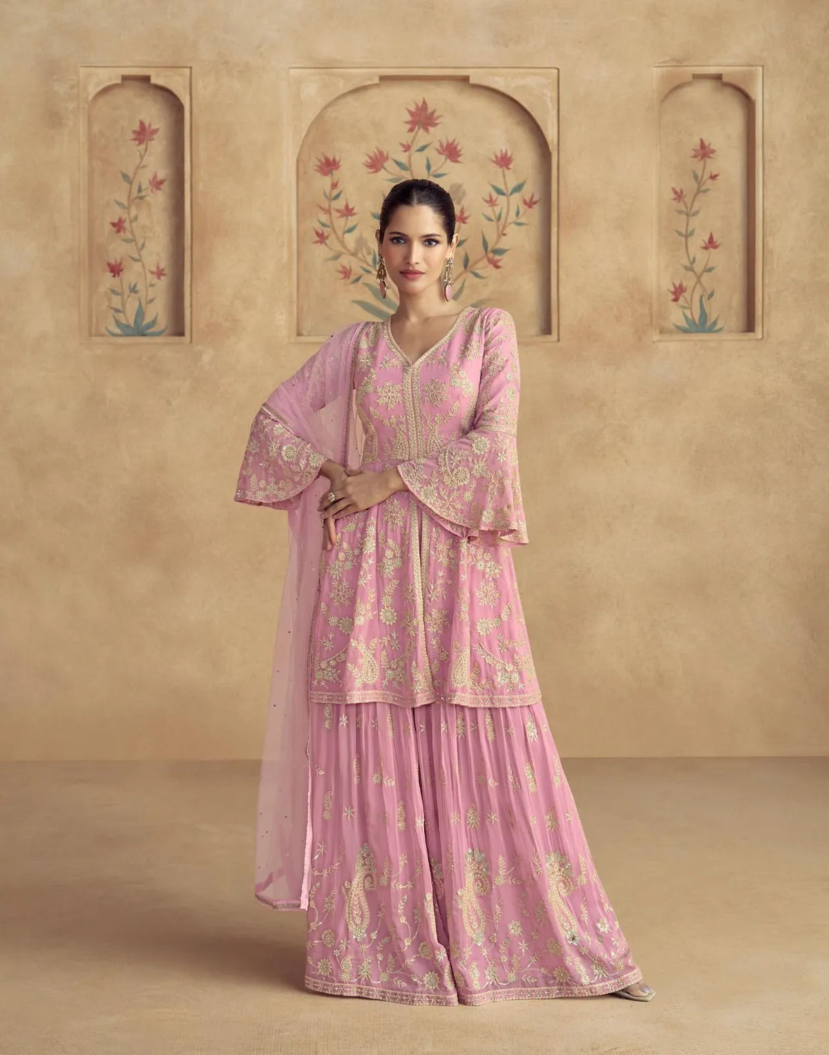 Pink Pure Georgette Anarkali Suit with Delicate Golden Embroidery