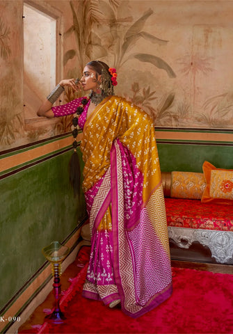 Mustard Yellow Silk Saree with Delicate White Floral and Geometric Patterns - Perfect for Festive Occasions