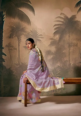 Lavender Silk Saree with Zari Floral Work for Party, Festival & Ceremonial Wear