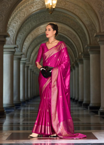 Pink Satin Mungha Silk Saree with Intricate ethinic Motifs - Elegance Redefined