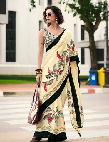 Off White color Japan Satin Digital Printed Saree