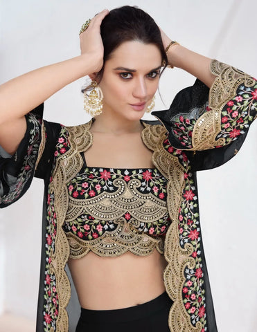 Black Georgette Lehenga Set with Gold & Pink Embroidery – Perfect for Festive Glamour