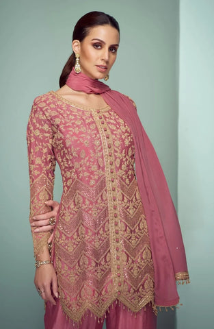 Real Chinon Dusty Rose Pink Designer Salwar Kameez Embroidery Work With Tassel Lace