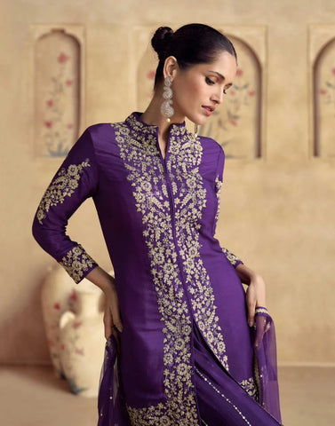 Purple Sharara Set with Intricate Embroidery: A Traditional Ethnic Ensemble