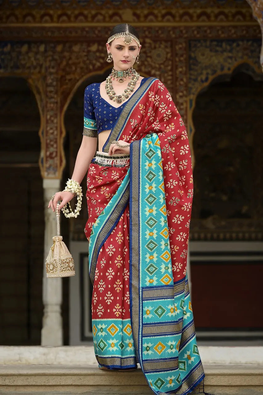 Stunning Red and Blue Bridal Saree in Polyester Viscose Silk – Perfect for Celebrations & Weddings