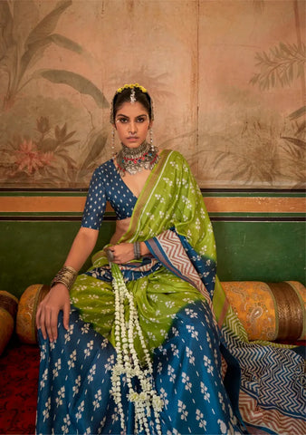 Bright Green Silk Saree with Delicate White Floral and Geometric Patterns - Perfect for Festive Occasions