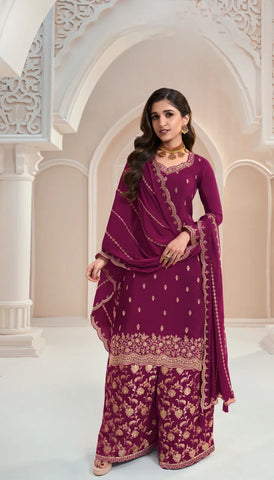 Purple Chinon Embroidery Designer Dress - Top, Bottom, and Dupatta Set