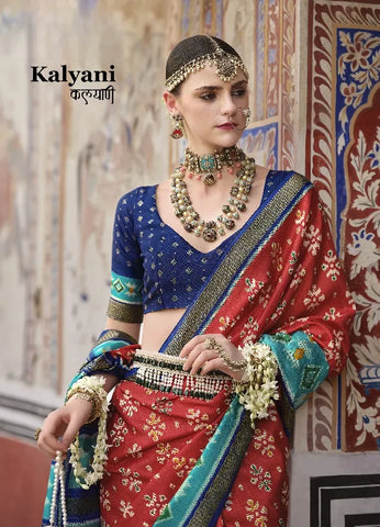 Stunning Red and Blue Bridal Saree in Polyester Viscose Silk – Perfect for Celebrations & Weddings