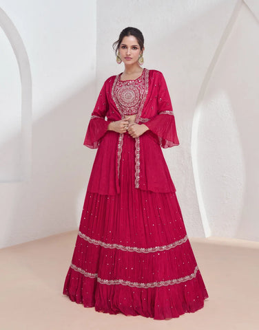 Radiant Red Georgette Lehenga Set with Intricate Silver Embroidery – Perfect for Festive Celebrations