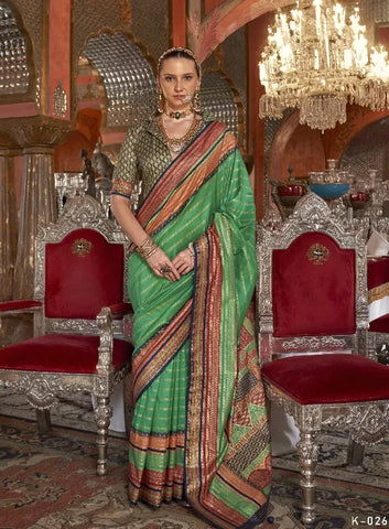 Fresh Green Polyester Silk Ethinic Motif Pattern Zari Work Banarasi Saree