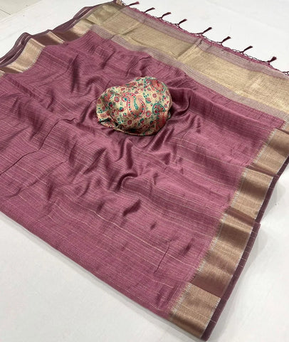 Mauve Purple Handwoven Moss Chiffon With Heavy Jacquard Blouse Saree