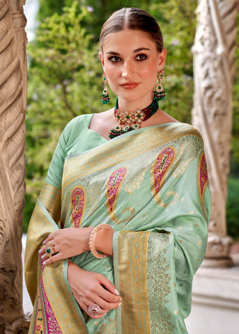 Sea Green Soft Silk Ethinic Motif Woven Design Zari Banarasi Saree