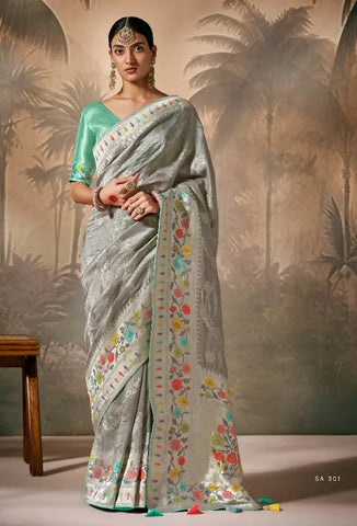 Grey Silk Saree with Zari Floral Work for Party, Festival & Ceremonial Wear