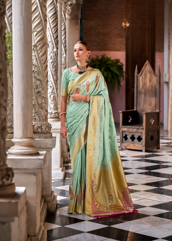 Sea Green Soft Silk Ethinic Motif Woven Design Zari Banarasi Saree