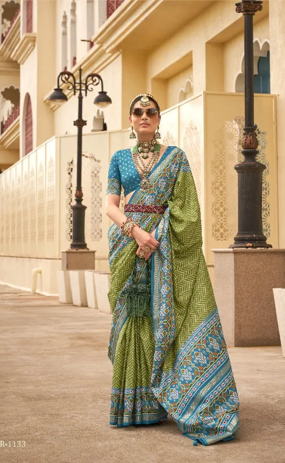 Olive Green Polyester Viscose Silk Shagun Patola Saree