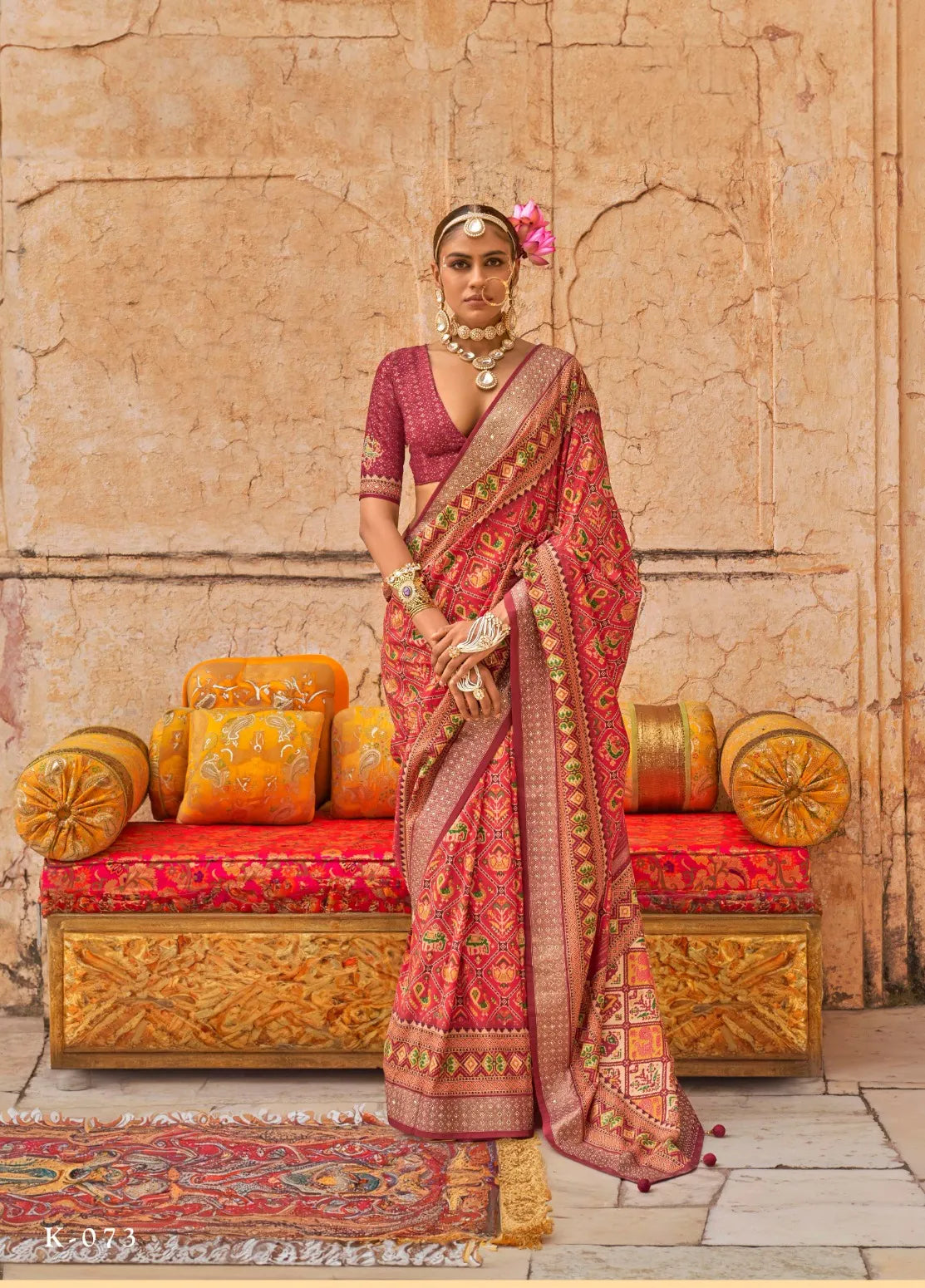 Red Patola Polyester Silk Geometrical Design Saree