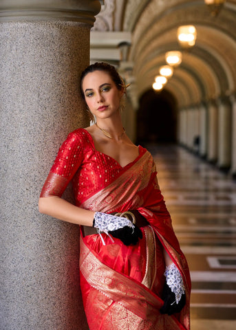 Red Satin Mungha Silk Saree with Intricate ethinic Motifs - Elegance Redefined