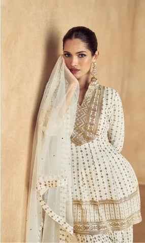 Graceful Ivory Pure Georgette Sharara Suit with Golden Embroidery