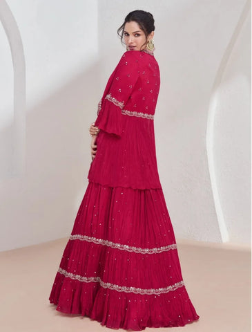 Radiant Red Georgette Lehenga Set with Intricate Silver Embroidery – Perfect for Festive Celebrations