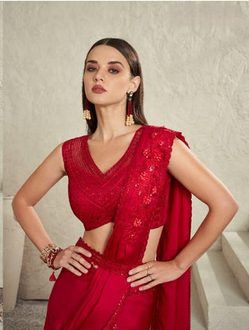 Red Designer Saree with Floral Embroidery & Cut-Out Blouse – Shop Now