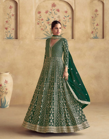 Green Real Georgette Lehenga Choli with Gold Embroidery – Perfect for Grand Celebrations