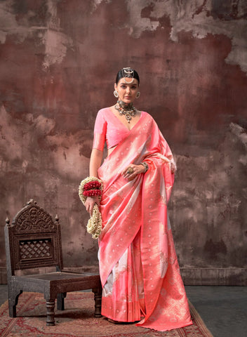 Peach Handloom Weaving Silk Saree – Traditional Design | Perfect for Weddings & Special Occasions