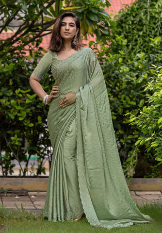 Satin Chiffon Saree With All Over Handwork