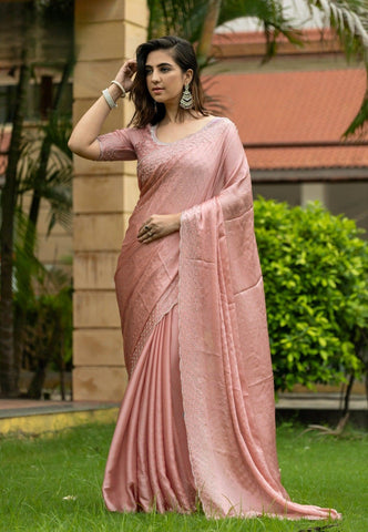 Satin Chiffon Saree With All Over Handwork