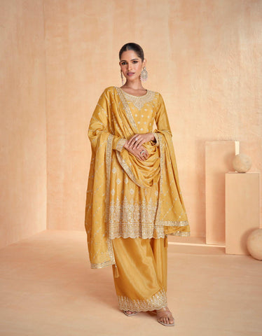 Premium Chinnon Silk Suit with Plazzo and Dupatta | Free Size Stitch