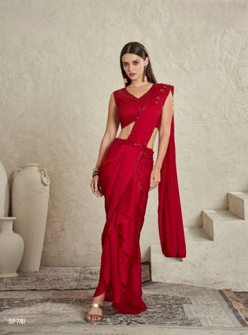 Red Designer Saree with Floral Embroidery & Cut-Out Blouse – Shop Now