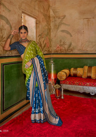 Bright Green Silk Saree with Delicate White Floral and Geometric Patterns - Perfect for Festive Occasions