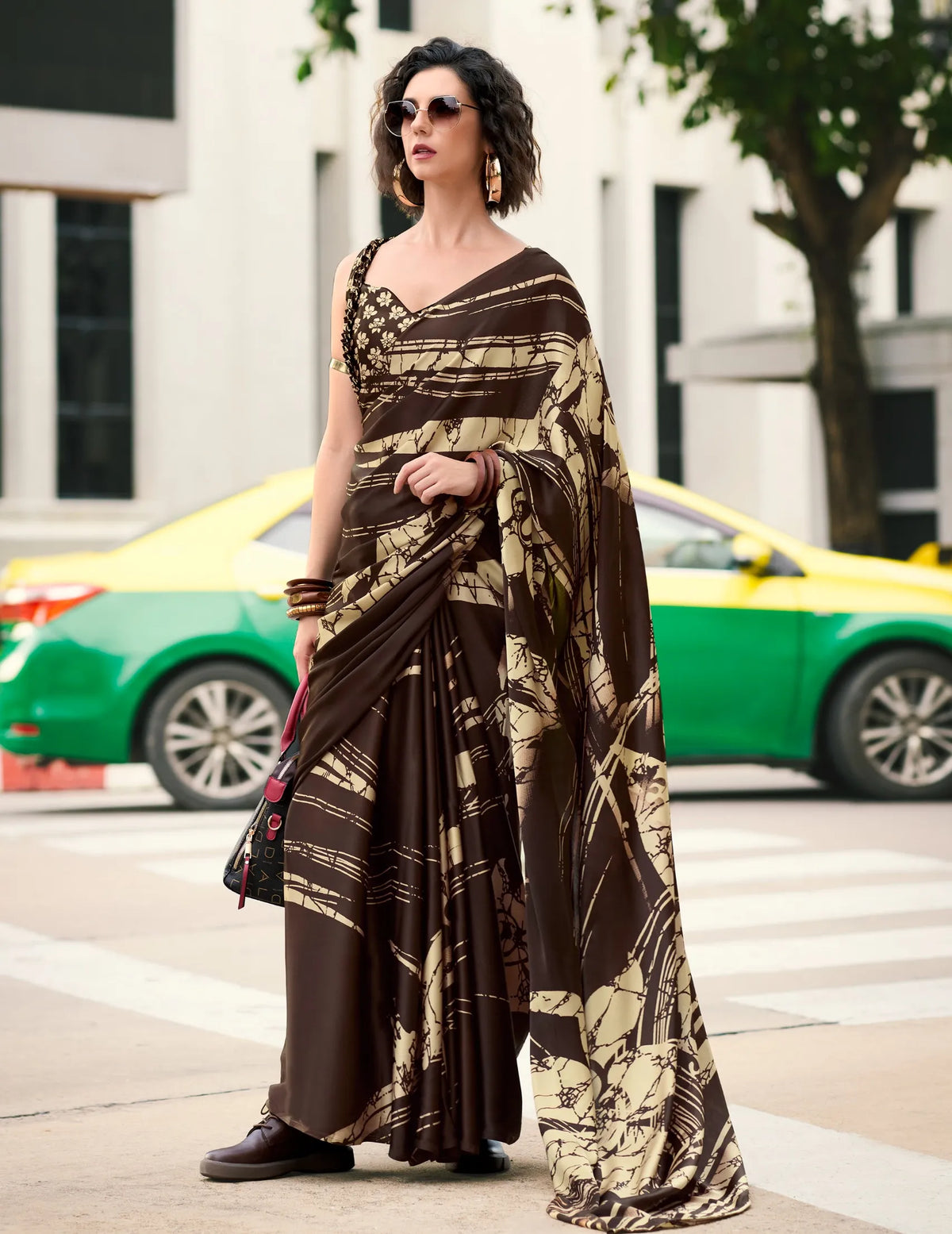 Cold Coffee Brown color Japan Satin Digital Printed Saree