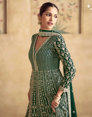 Green Real Georgette Lehenga Choli with Gold Embroidery – Perfect for Grand Celebrations