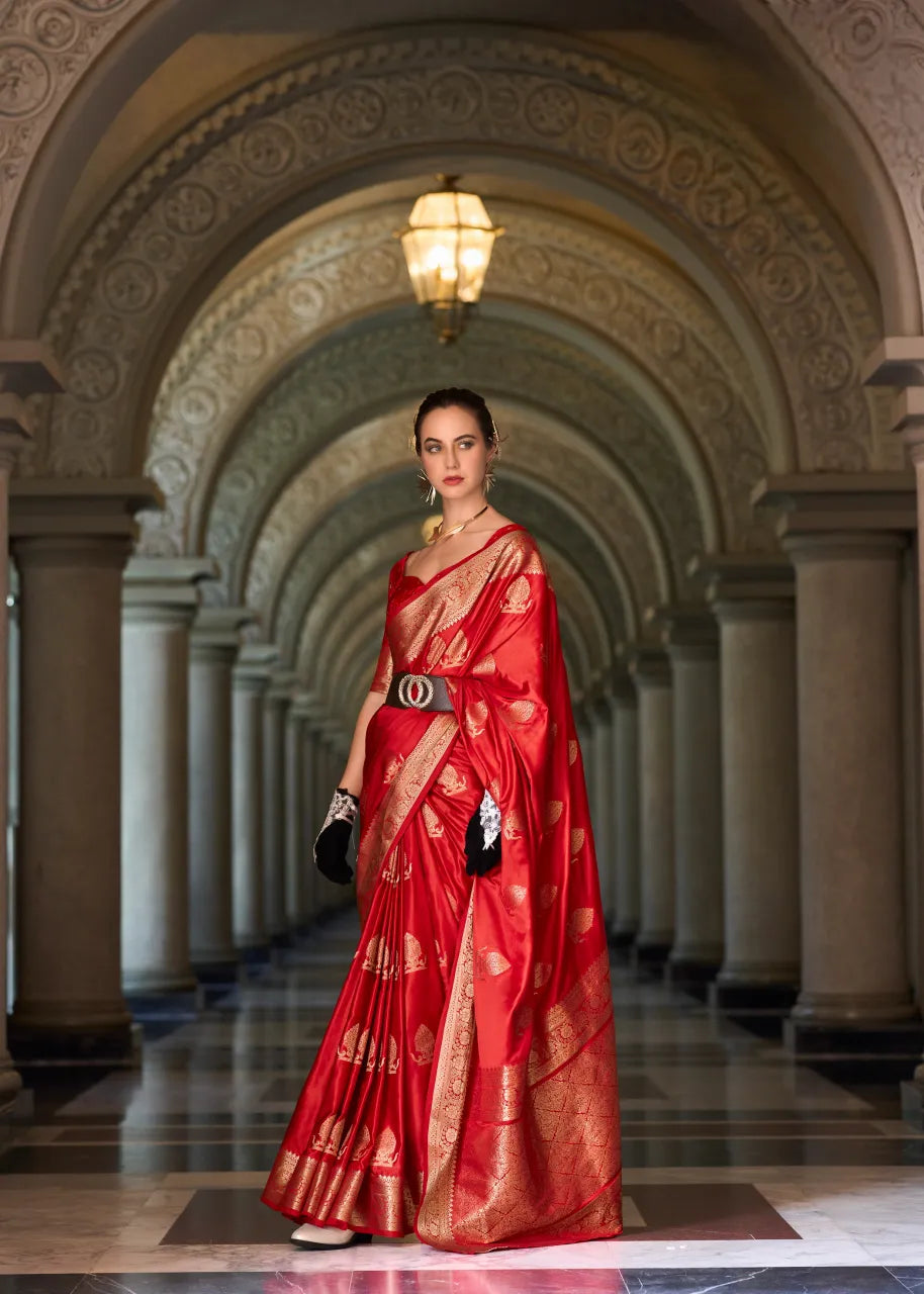 Red Satin Mungha Silk Saree with Intricate ethinic Motifs - Elegance Redefined