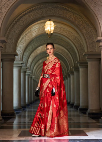 Red Satin Mungha Silk Saree with Intricate ethinic Motifs - Elegance Redefined