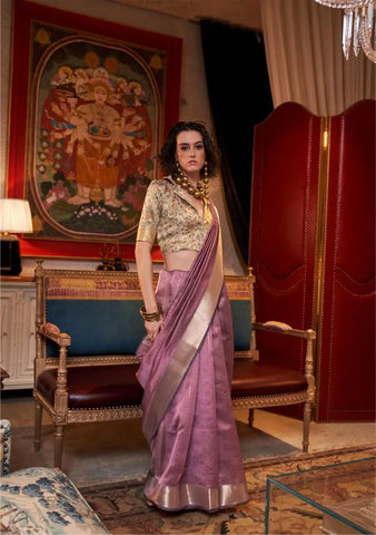 Mauve Purple Handwoven Moss Chiffon With Heavy Jacquard Blouse Saree