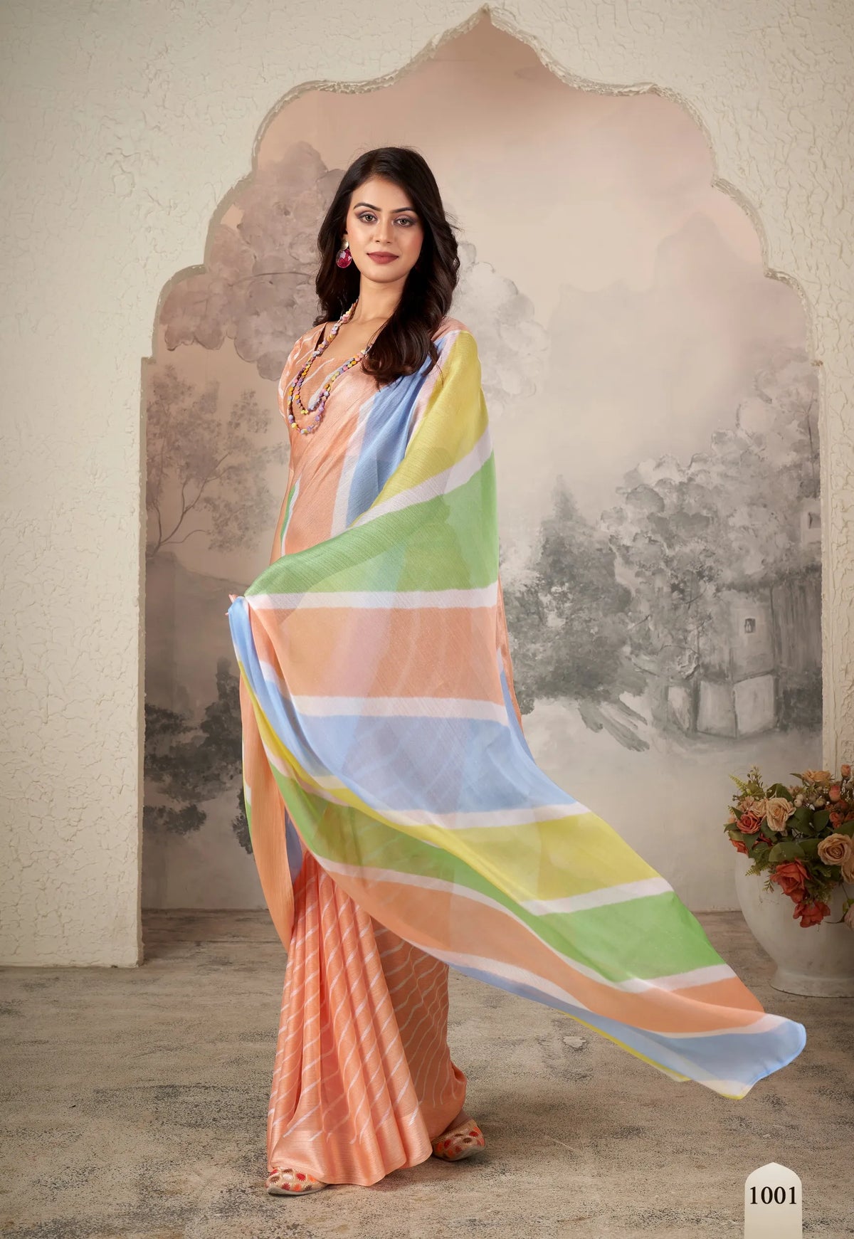 Peach Chiffon Saree with Pastel Stripes – Elegant & Colorful Charm