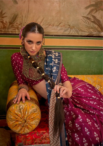 Magenta Silk Saree with Delicate White Floral and Geometric Patterns - Perfect for Festive Occasions