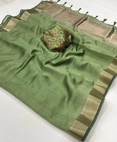 Green Handwoven Moss Chiffon With Heavy Jacquard Blouse Saree