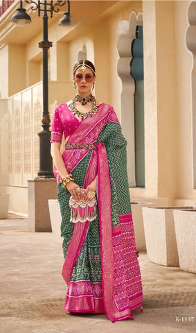 Dark Green Polyester Viscose Silk Shagun Patola Saree