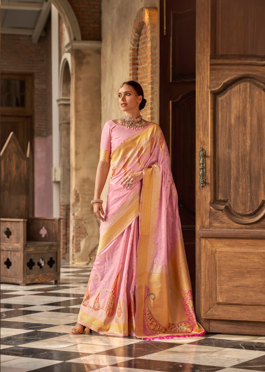 Pink Soft Silk Ethinic Motif Woven Design Zari Banarasi Saree