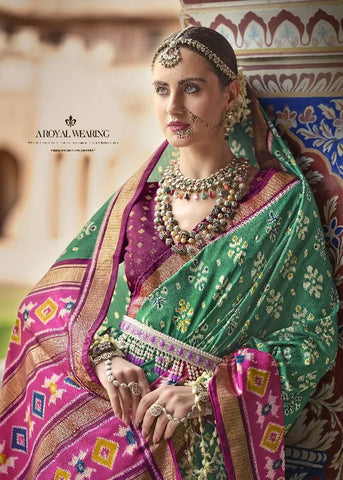 Graceful Green and Pink Bridal Saree in Polyester Viscose Silk – Ideal for Royal Celebrations