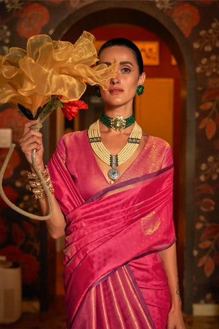 Pink Kaakshi Handwoven Silk Saree With  Brocade Blouse