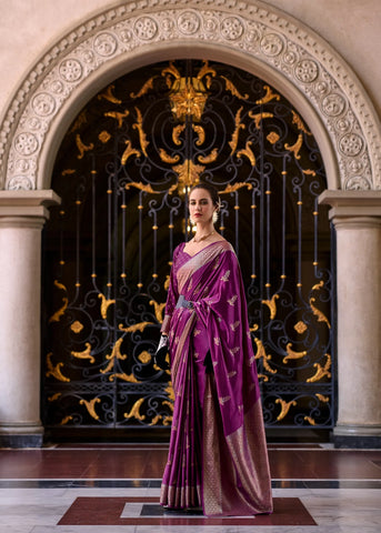 Dark Purple Satin Mungha Silk Saree with Intricate ethinic Motifs - Elegance Redefined