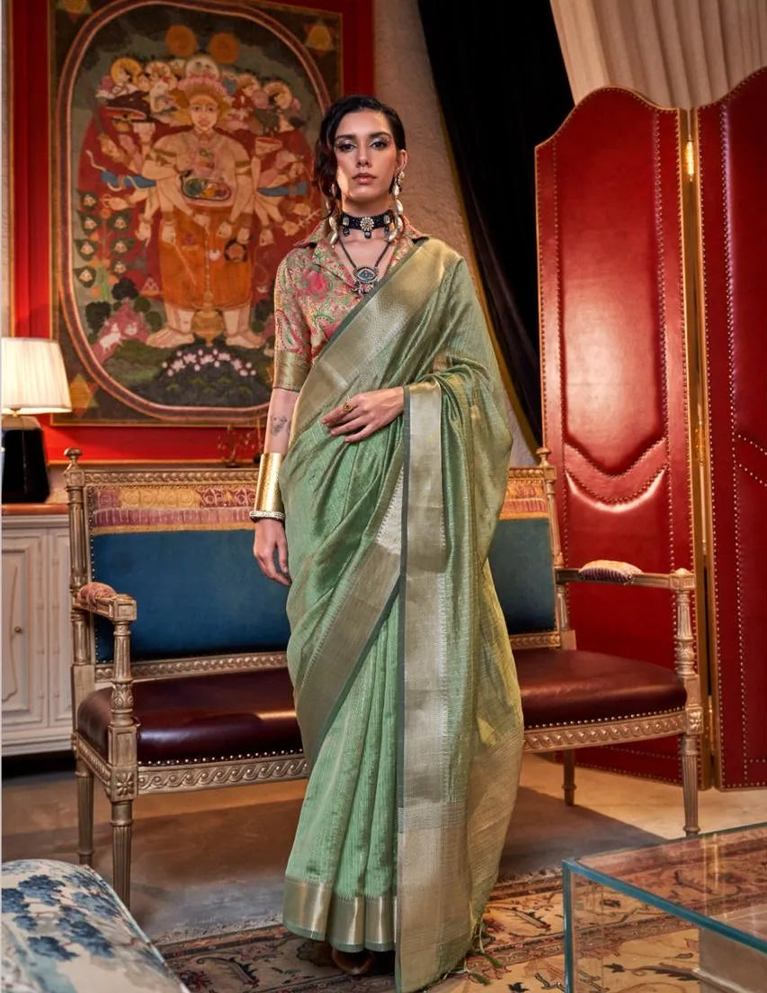 Green Handwoven Moss Chiffon With Heavy Jacquard Blouse Saree