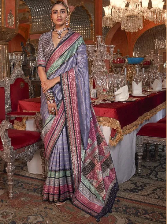 Lavender Polyester Silk Ethinic Motif Pattern Zari Work Banarasi Saree